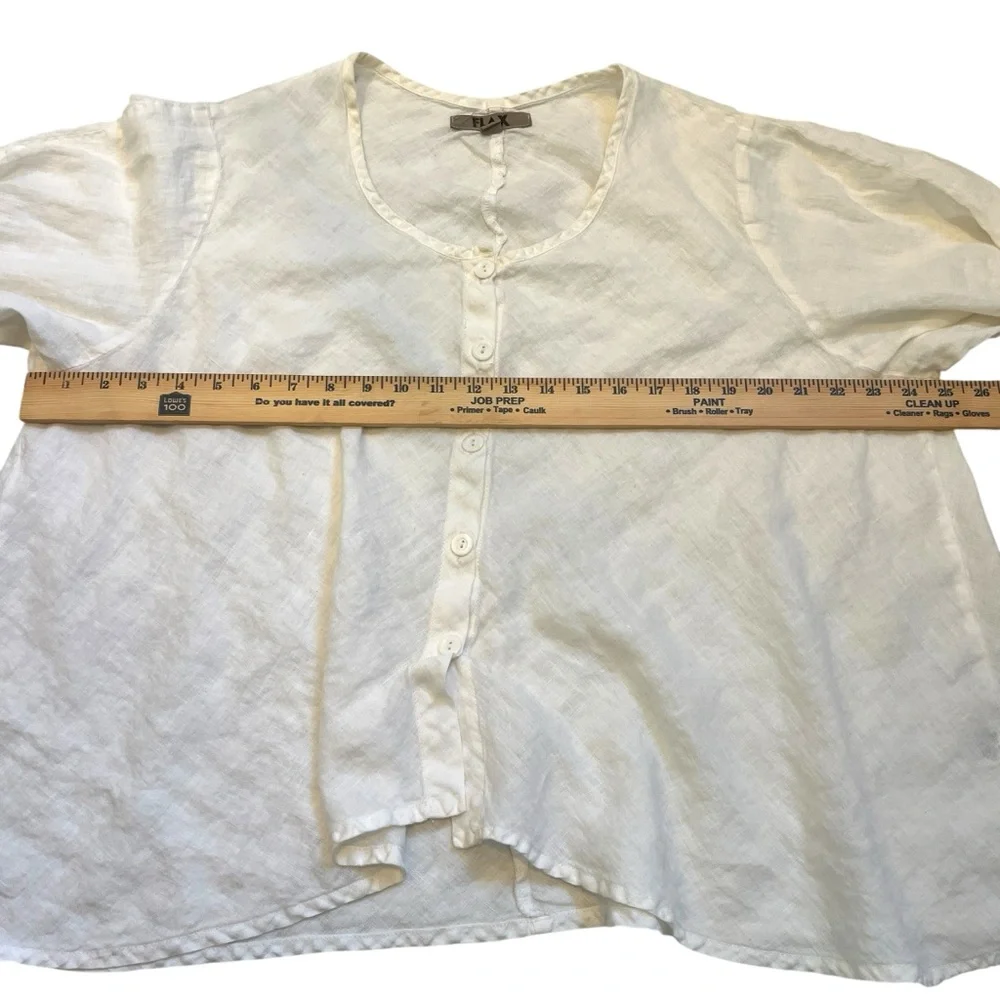 Flax 100% Linen Button Front Top 1G Off White Relaxed Fit Artsy - Picture 9 of 10